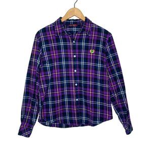 Xinlian Flannel Plaid Shirt Button Front Purple Yellow Long Sleeve Womens Size M